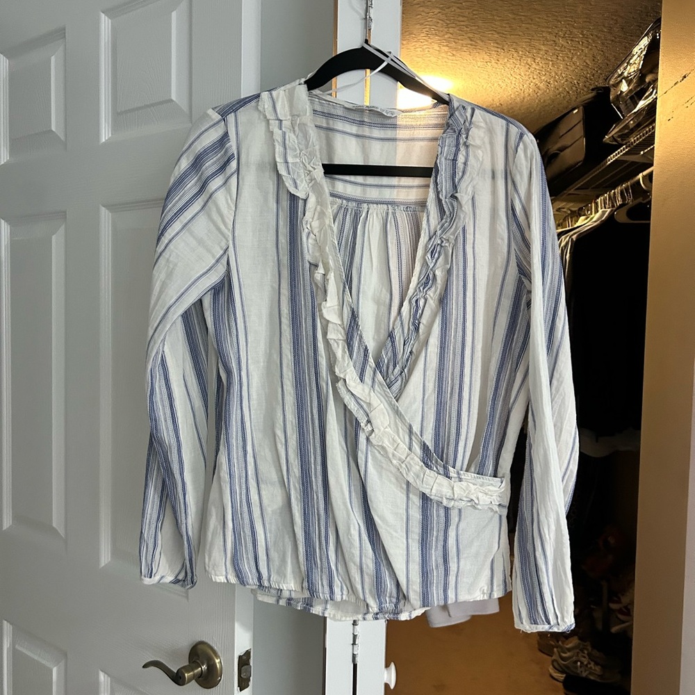 Zara Blue and White Striped Ruffle Blouse